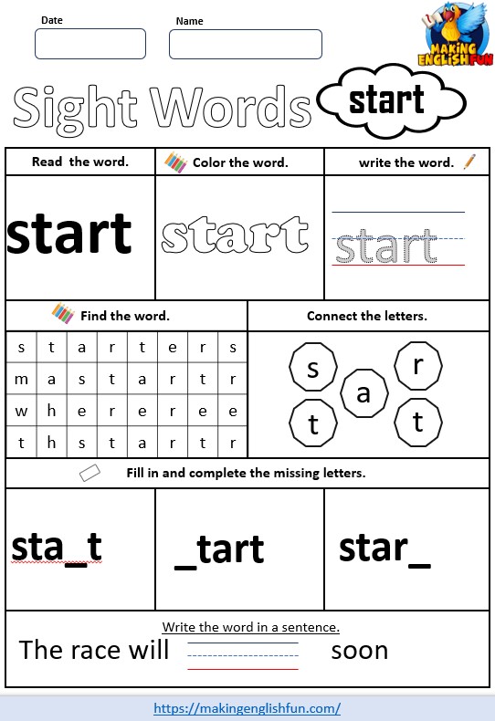 FREE Printable Grade 3 Dolch Sight Word Worksheet – “Start”