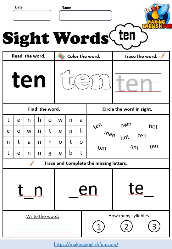 FREE Printable Grade 3 Dolch Sight Word Worksheet – “Ten”