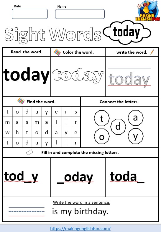 FREE Printable Grade 3 Dolch Sight Word Worksheet – “Today”