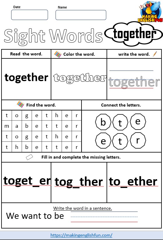 FREE Printable Grade 3 Dolch Sight Word Worksheet – “Together”