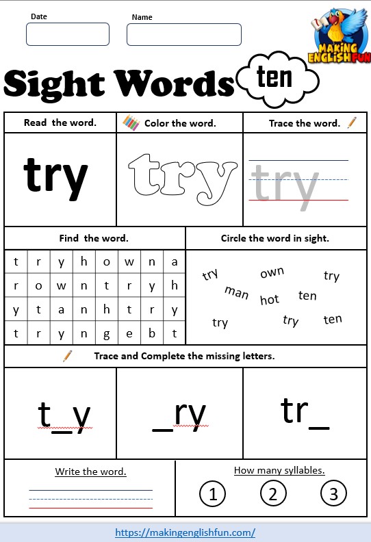 FREE Printable Grade 3 Dolch Sight Word Worksheet – “Try”