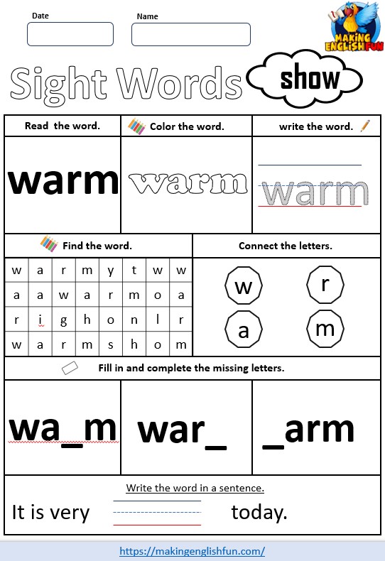 FREE Printable Grade 3 Dolch Sight Word Worksheet – “Warm”