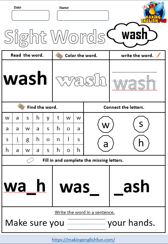 FREE Printable Grade 3 Dolch Sight Word Worksheet – “Wash”