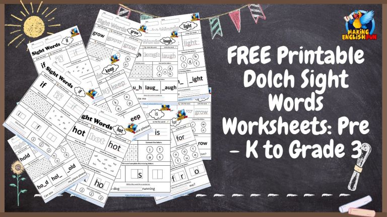 FREE Printable Dolch Sight Words Worksheets: Pre – K to Grade 3