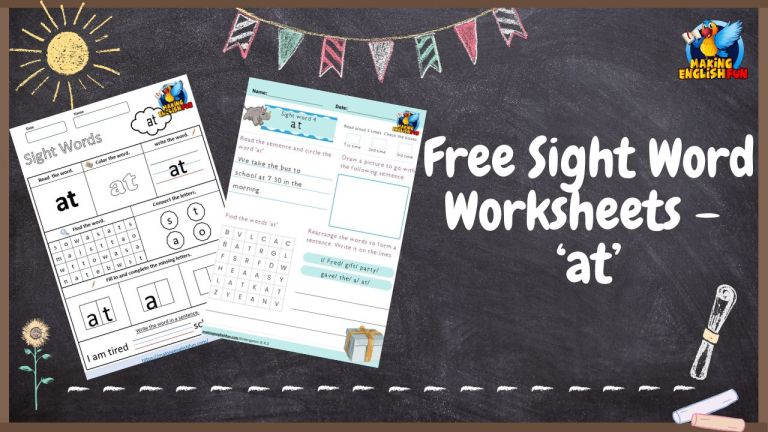 FREE Sight Word Worksheets ‘At’