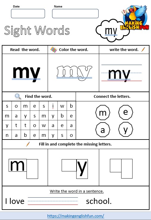 FREE Sight Word Worksheets – ‘my’