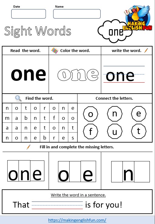 FREE Sight Word Worksheets – ‘one’