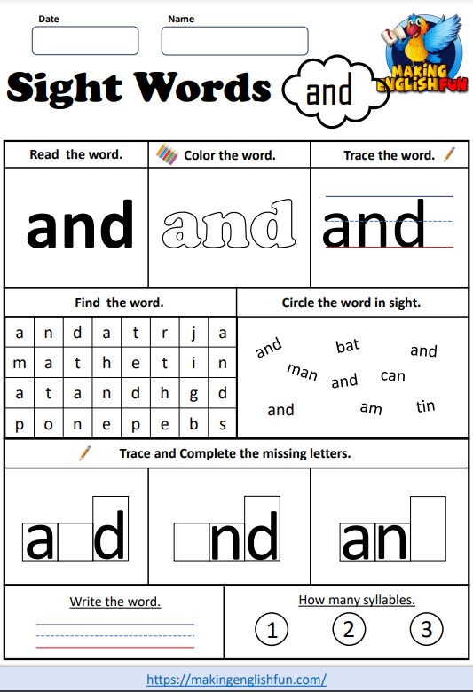 Free Sight Word Worksheets – ‘and’
