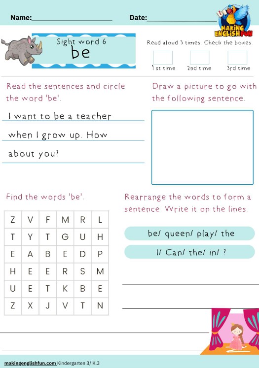 Free Sight Word Worksheets – ‘be’
