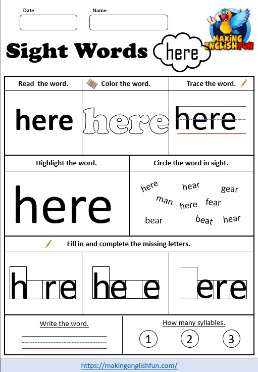 FREE Sight Word Worksheets – ‘here’