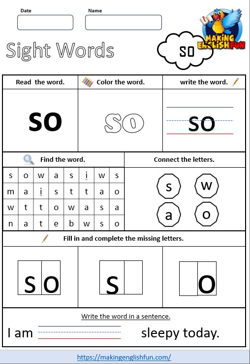 FREE Sight Word Worksheets ‘So’