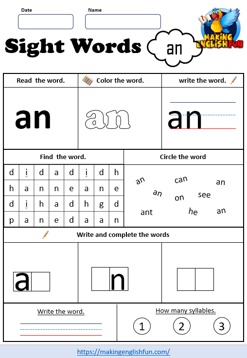 Free Sight Word Worksheets – ‘an’Making English Fun