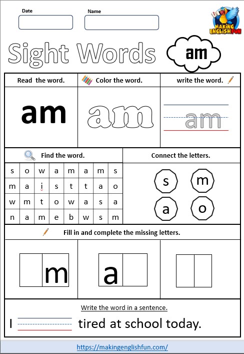 FREE Printable Kindergarten Sight Word Worksheet – “Am”