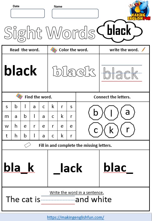 FREE Printable Kindergarten Sight Word Worksheet – “Black”