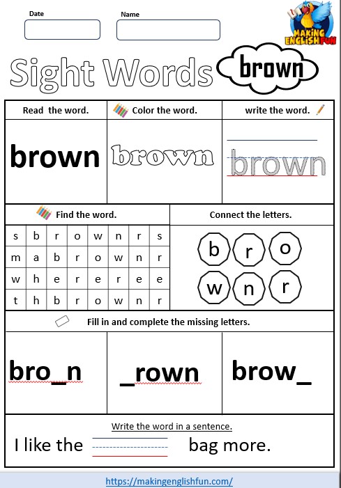 FREE Printable Kindergarten Sight Word Worksheet – “Brown”