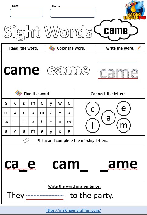 FREE Printable Kindergarten Sight Word Worksheet – “Came”