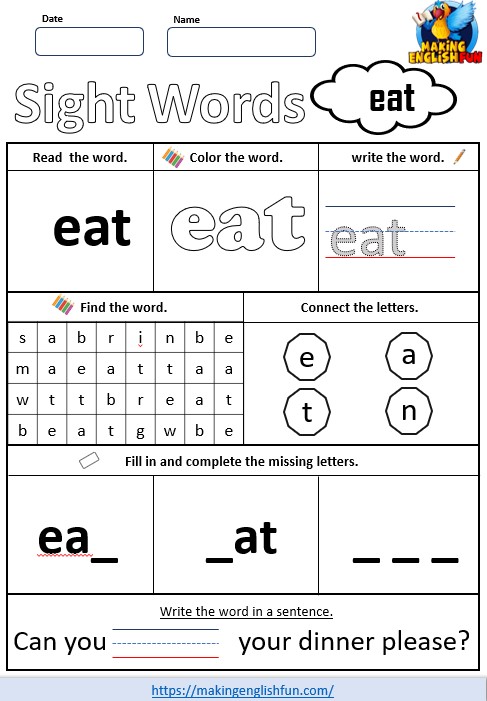 FREE Printable Grade 1 Sight Word Worksheet – “Eat”