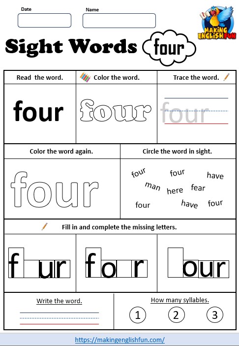 free kindergarten printable dolch sight word worksheet four