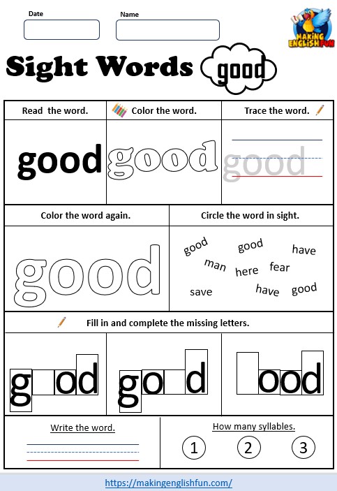 FREE Printable Kindergarten Sight Word Worksheet – “Good”