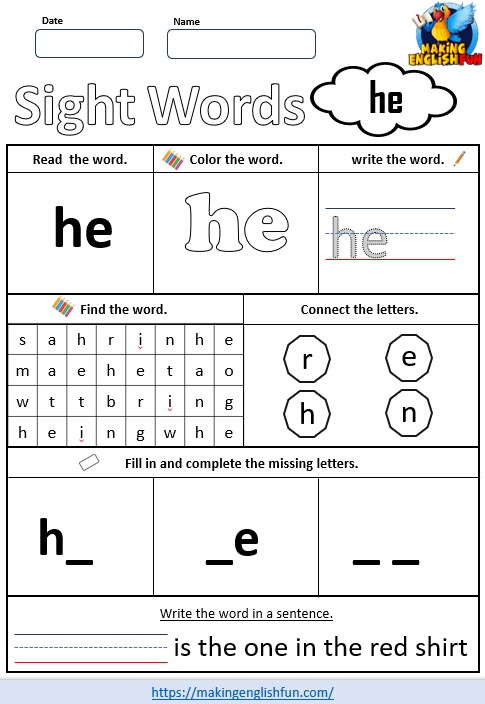 FREE Printable Kindergarten Sight Word Worksheet – “He”