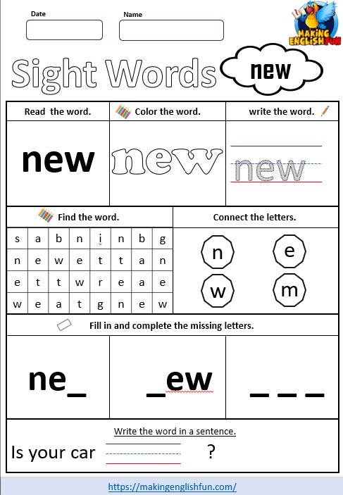 FREE Printable Kindergarten Sight Word Worksheet – “New”