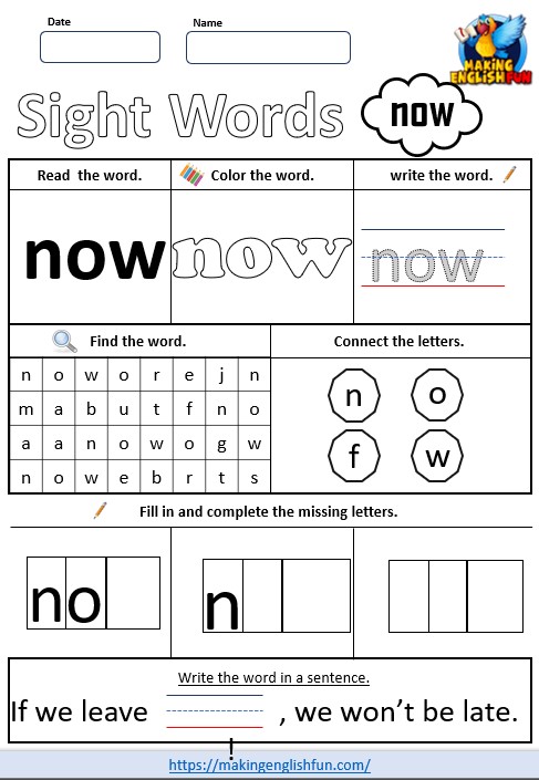 FREE Printable Kindergarten Sight Word Worksheet – “Now”