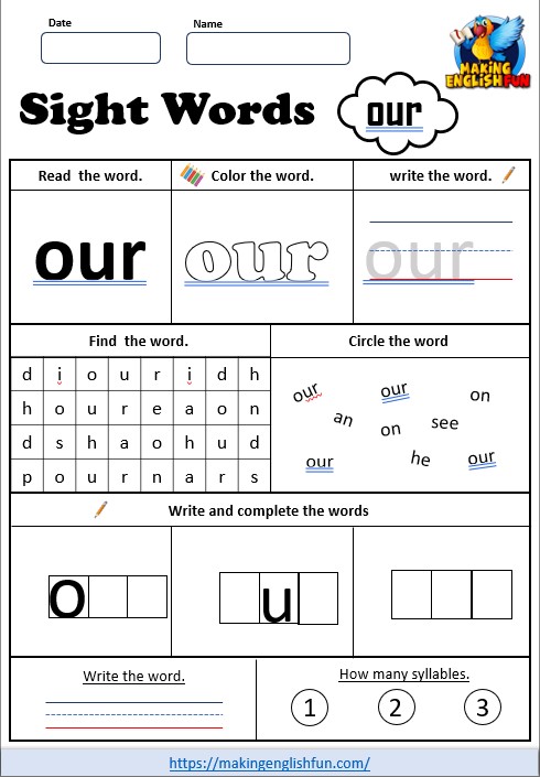FREE Printable Kindergarten Sight Word Worksheet – “Our”