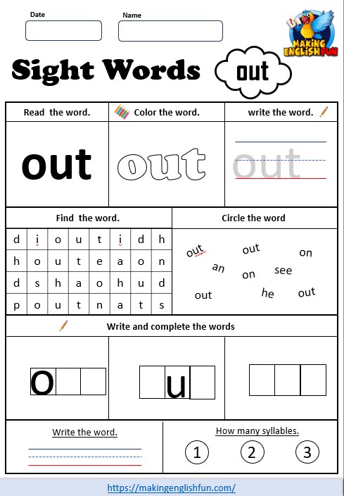FREE Printable Kindergarten Sight Word Worksheet – “Out”