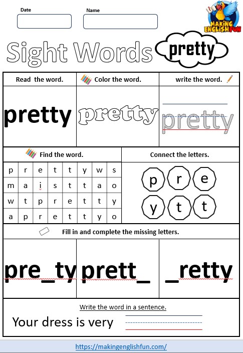 FREE Printable Kindergarten Sight Word Worksheet – “Pretty”