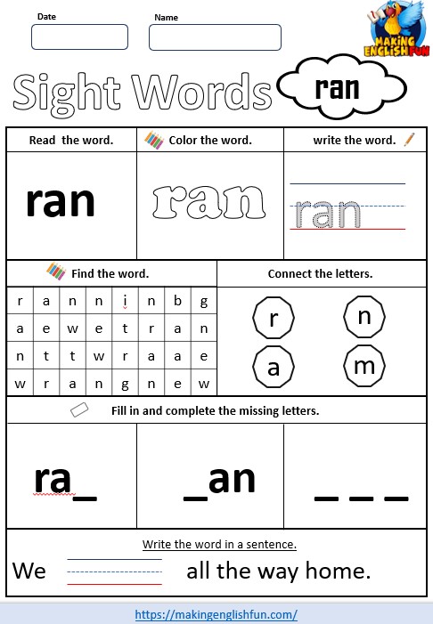 FREE Printable Kindergarten Dolch Sight Word Worksheet – “Ran”