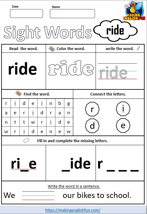 FREE Printable Kindergarten Sight Word Worksheet – “Ride”