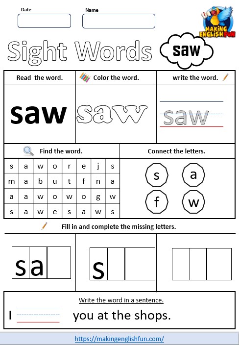FREE Printable Kindergarten Sight Word Worksheet – “Saw”