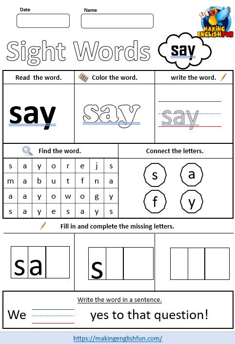 FREE Printable Kindergarten Sight Word Worksheet – “Say”