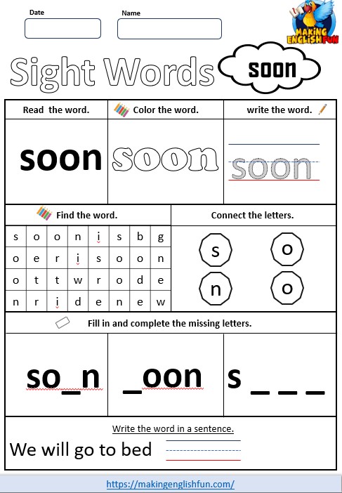 FREE Printable Kindergarten Sight Word Worksheet – “Soon”