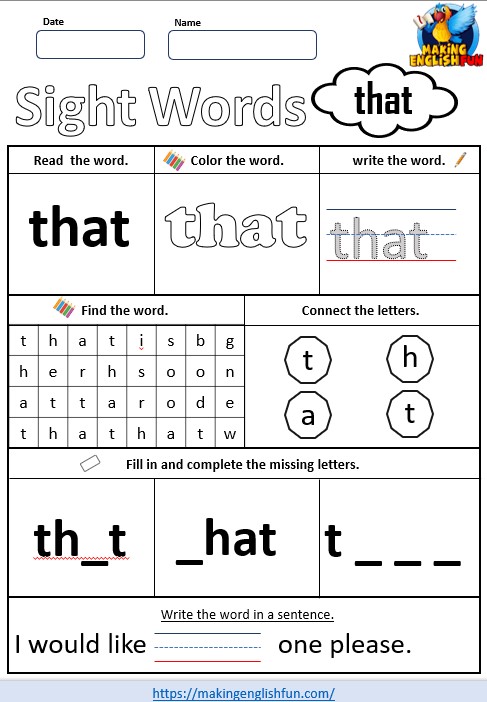 FREE Printable Kindergarten Sight Word Worksheet – “That”