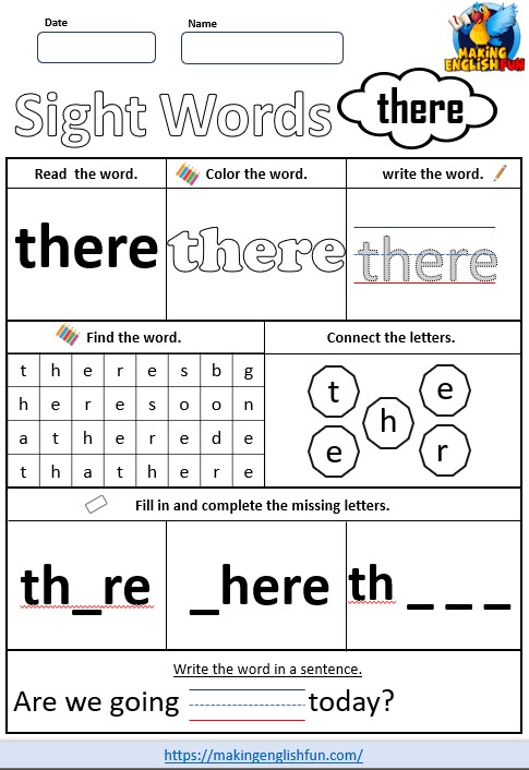 FREE Printable Kindergarten Sight Word Worksheet – “There”