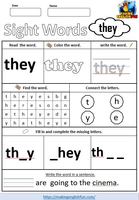 FREE Printable Kindergarten Sight Word Worksheet – “They”