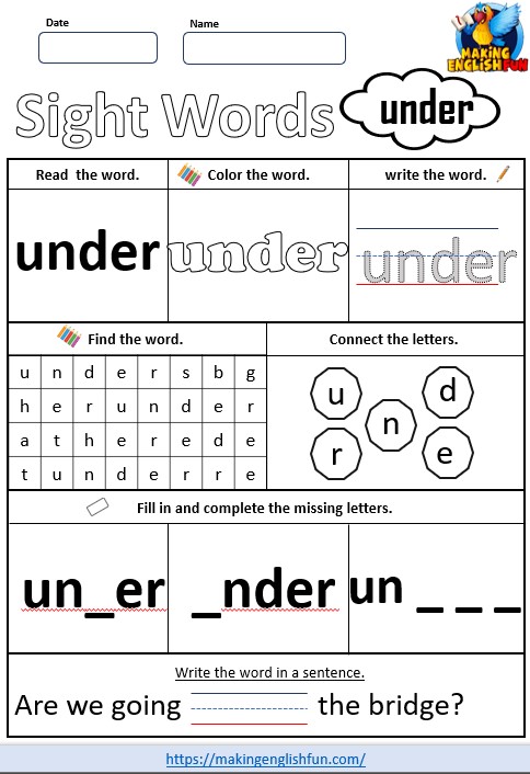 FREE Printable Kindergarten Sight Word Worksheet – “Under”