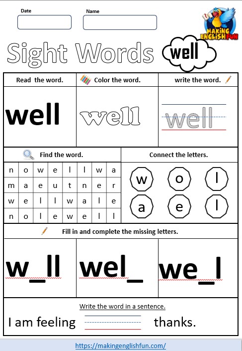 FREE Printable Kindergarten Sight Word Worksheet – “Well”