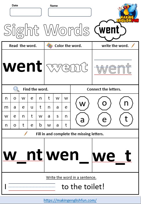 FREE Printable Kindergarten Sight Word Worksheet – “Went”