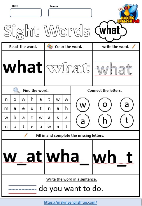 FREE Printable Kindergarten Sight Word Worksheet – “What”