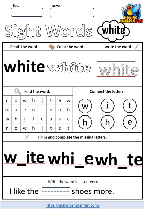 FREE Printable Kindergarten Sight Word Worksheet – “White”