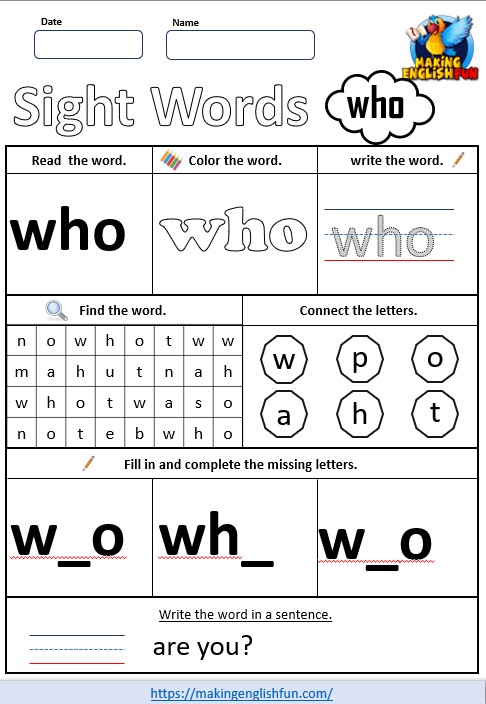 FREE Printable Kindergarten Sight Word Worksheet – “Who”