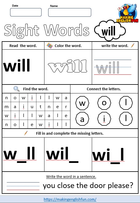 FREE Printable Kindergarten Sight Word Worksheet – “Will”