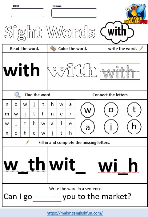 FREE Printable Kindergarten Sight Word Worksheet – “With”
