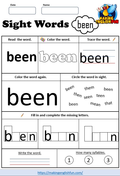Free Sight Word Worksheets ‘been’