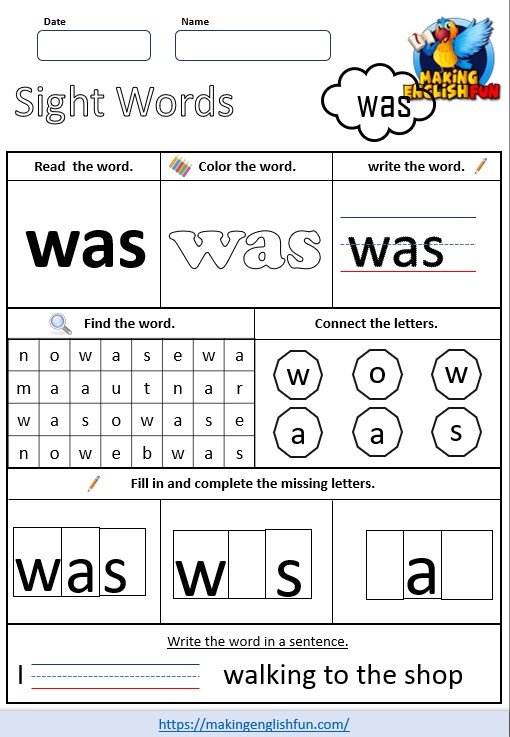 FREE Sight Word Worksheets – ‘was’