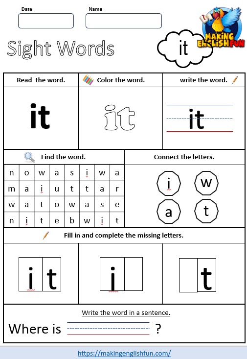 sight words worksheets 'it'