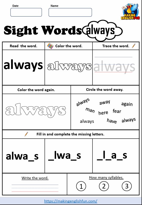 FREE Printable Grade 2 Sight Word Worksheet – “Always”