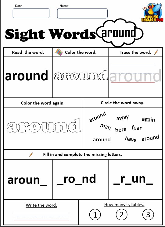 FREE Printable Grade 2 Sight Word Worksheet – “Around”